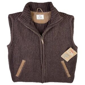 Railriders LOA Sweater Cable Knit Vest Full Zip Wool Blend Leather Trim Men Sz L